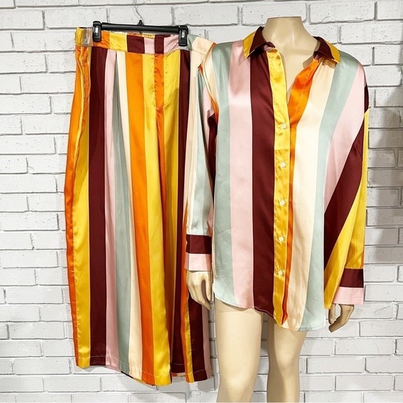 Fe Noel Vertical Stripe Satin 2 Piece Set Button Down Shirt and Wide Leg Pants